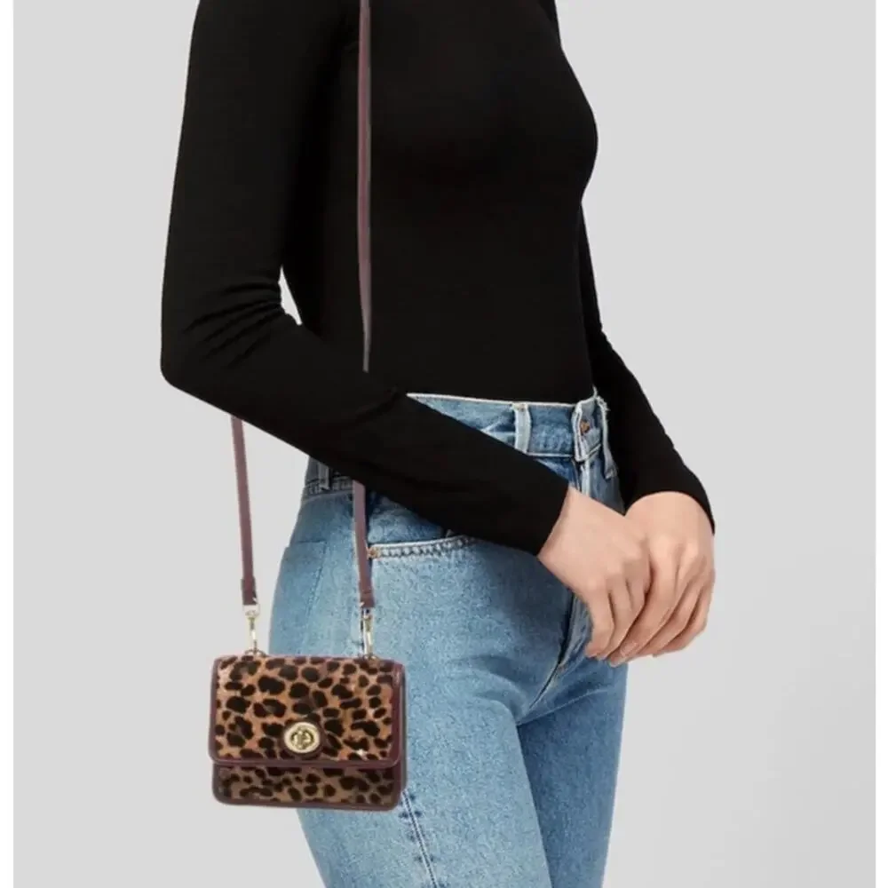 Coach Mini Pony Hair Leopard Print Turnlock Crossbody Burgundy Leather Gold Tag